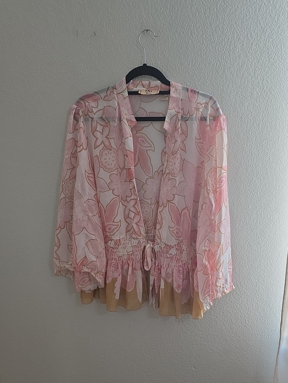 Lightweight Pink Floral Sheer Tie-Front Blouse